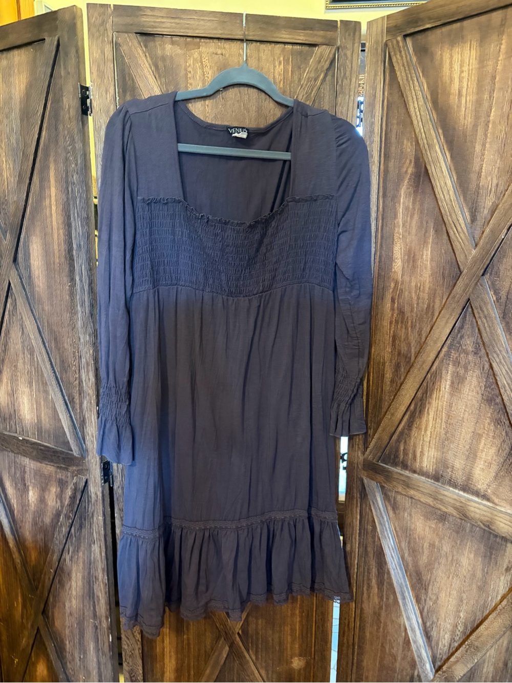 VENUS Navy Smocked Ruffle Hem Dress